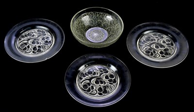 Lot 255 - RENE LALIQUE; three clear glass plates in the...