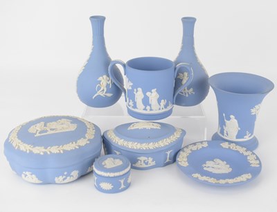 Lot 245 - WEDGWOOD; eight items of blue jasperware...