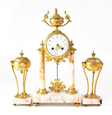 Lot 113 - A French brass and alabaster clock garniture...
