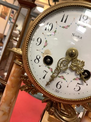 Lot 113 - A French brass and alabaster clock garniture...