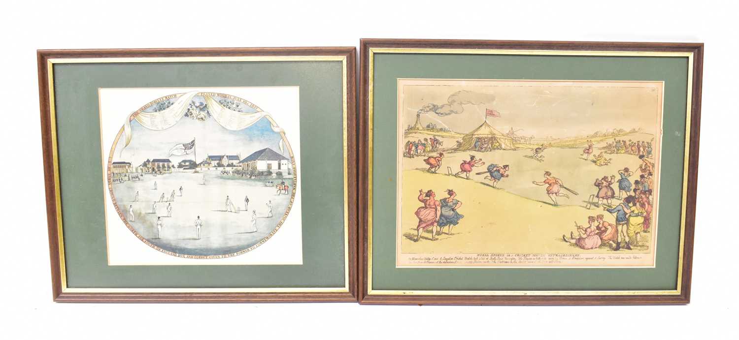 Lot 510 - Two coloured cricket-themed prints, one titled...