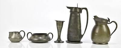 Lot 325 - ENGLISH PEWTER; an Arts & Crafts claret jug...