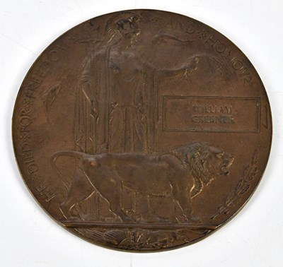 Lot 5125 - A WWI bronze memorial plaque awarded to...