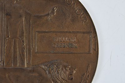 Lot 5125 - A WWI bronze memorial plaque awarded to...