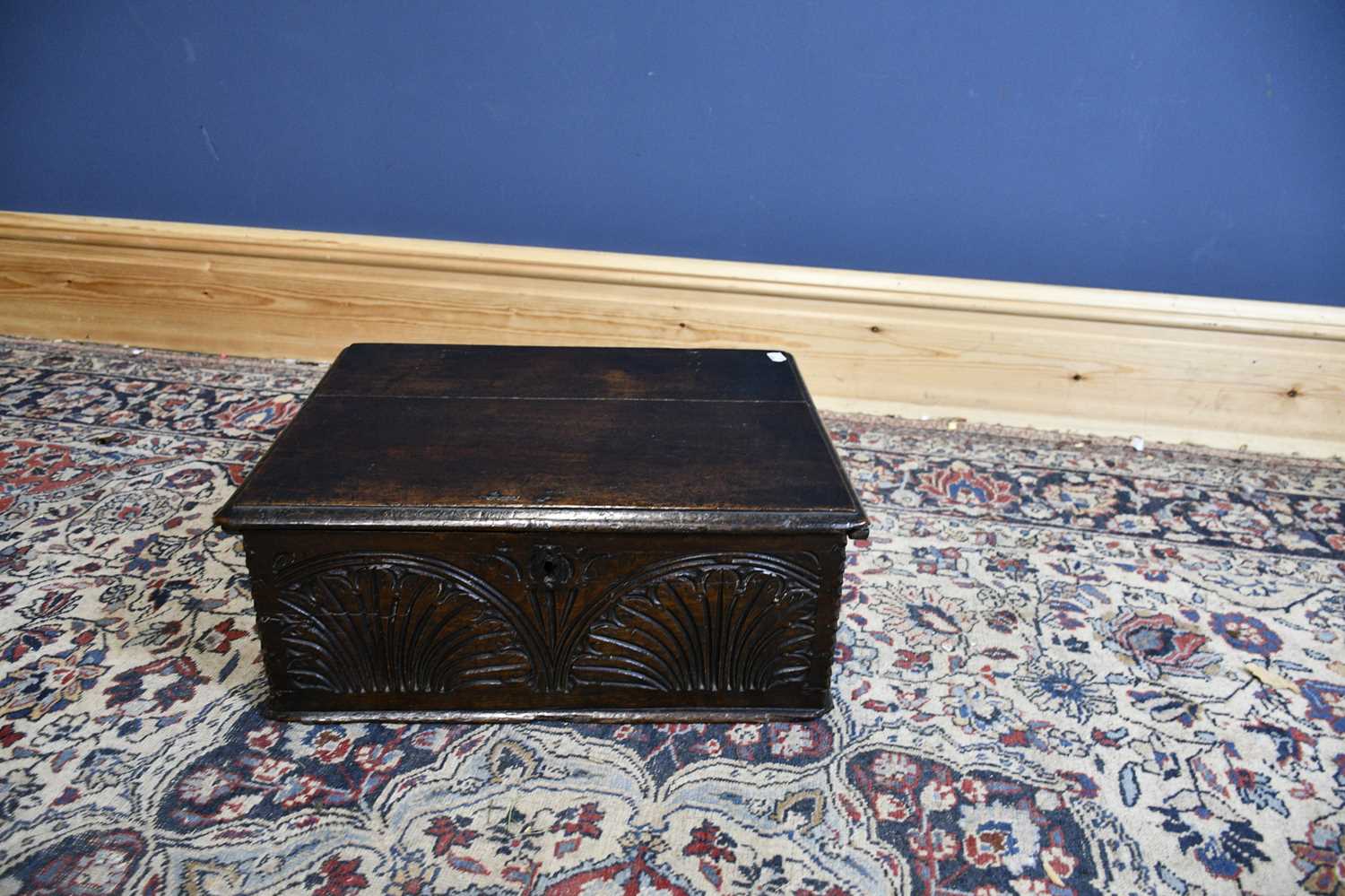 Lot 6521 - An 18th century oak Bible box with carved...