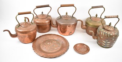 Lot 464 - A group of five copper kettles, an Art Nouveau...