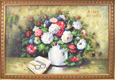 Lot 261 - THOMPSON; oil on canvas, still life flowers,...