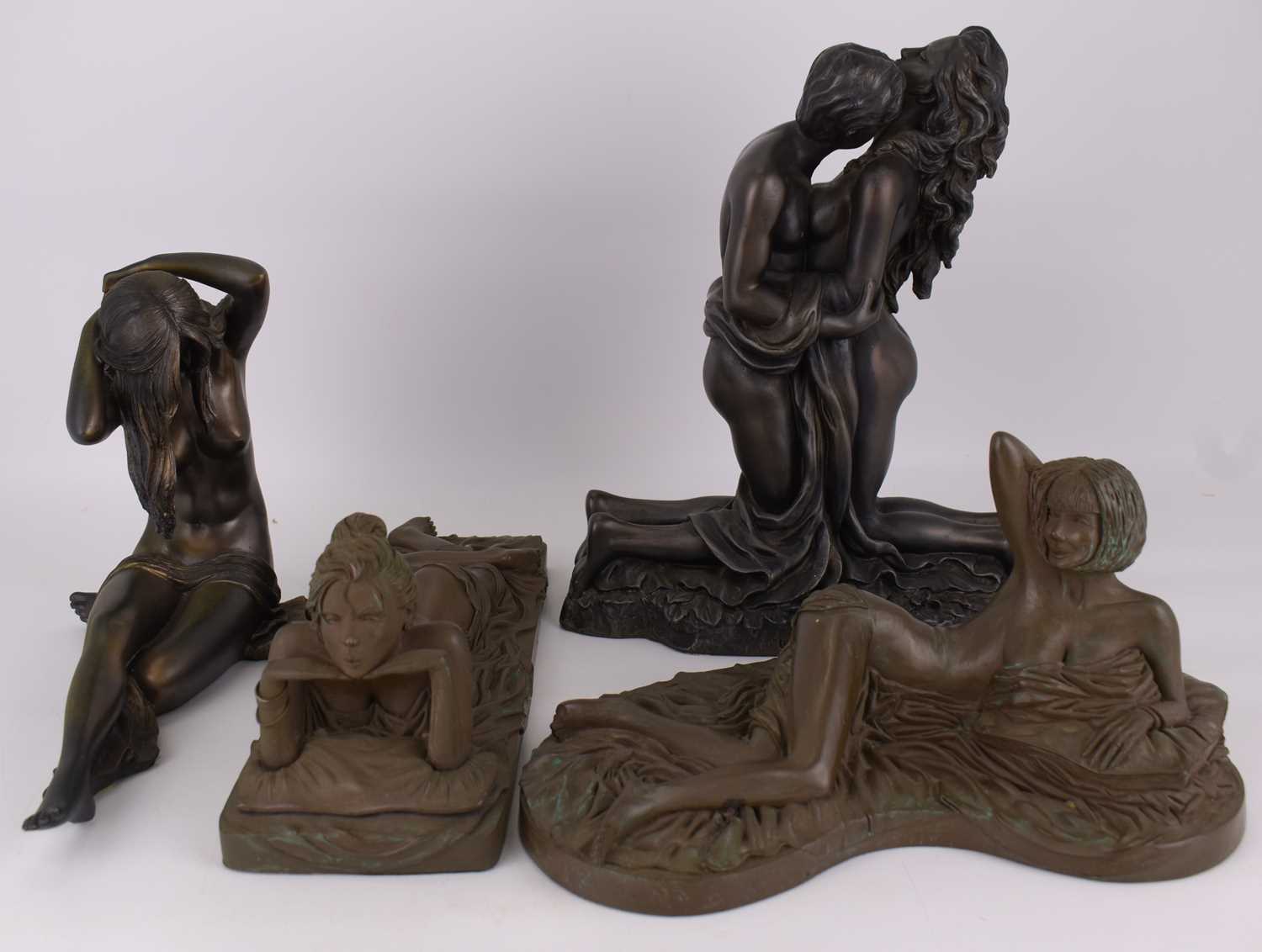 Lot 129 - Four modern bronzed resin figures, mostly semi-...