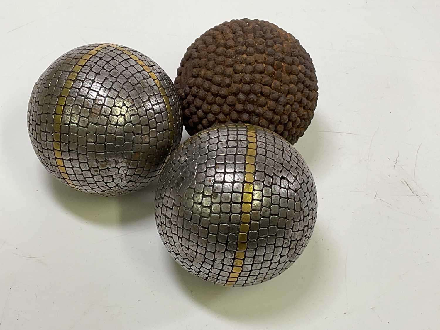 Lot 19 - Three antique French Pétanque boules with iron...