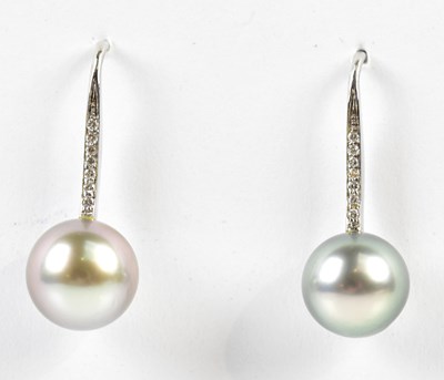 Lot 635 - A pair of 18ct white gold and Tahitian pearl...