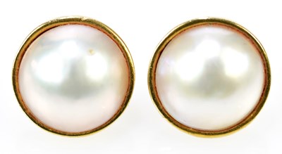 Lot 657 - A pair of 9ct yellow gold and Mabé pearl ear...