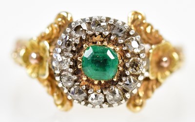 Lot 218 - An antique yellow metal emerald and diamond...