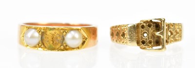 Lot 216 - A 9ct yellow gold buckle ring (lacking stones),...