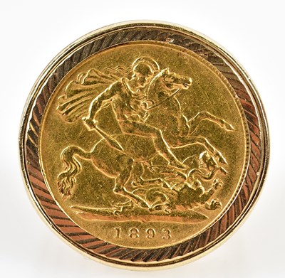 Lot 137 - A 9ct yellow gold half sovereign ring, 1893,...