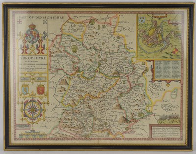 Lot 692 - JOHN SPEED; a coloured map of Shropshyre (sic)...