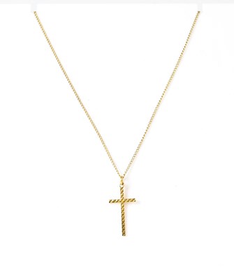 Lot 1088 - A 9ct gold cross on a fine link chain, approx....