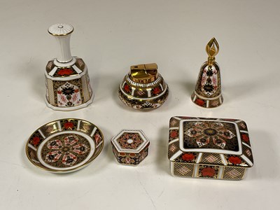 Lot 212 - Royal Crown Derby bell, two trinket boxes,...