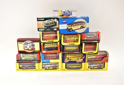 Lot 337 - CORGI; eighteen diecast model buses, including...