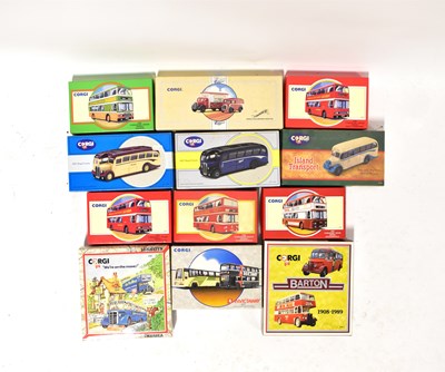 Lot 360 - CORGI; twelve diecast model buses and trams,...