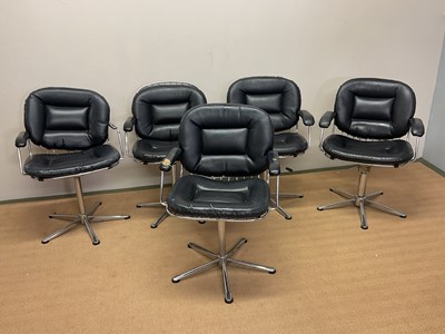 Lot 658 - Five chrome and black swivel chairs, height...