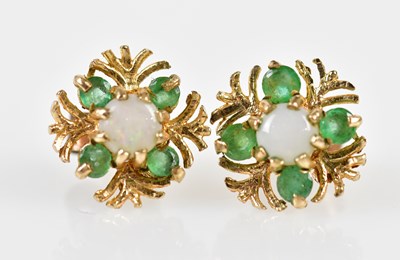 Lot 659 - A pair of 9ct yellow gold emerald and opal...