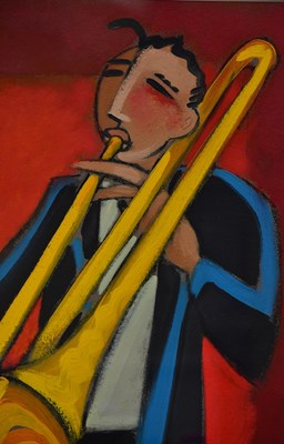 Lot 1626 - MARSHA HAMMEL; oil on gesso, 'Samba - Trombone'...