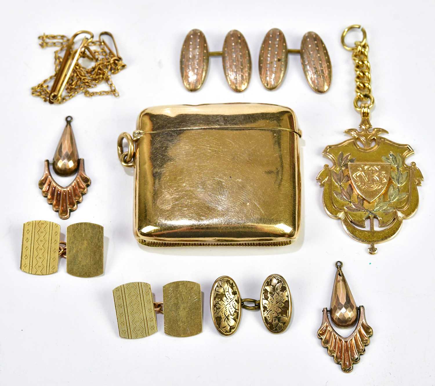 Lot 2 - A 9ct yellow gold vesta case, 25.6g, a pair of...