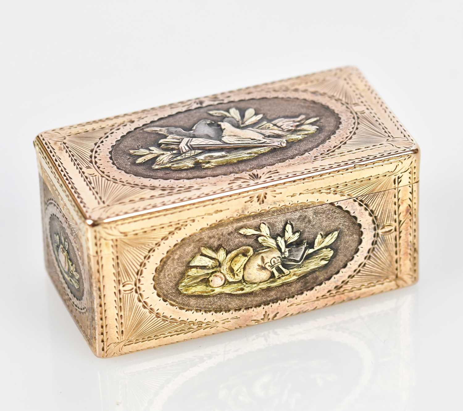 Lot 2039 - A 19th century four colour gold snuff box of...