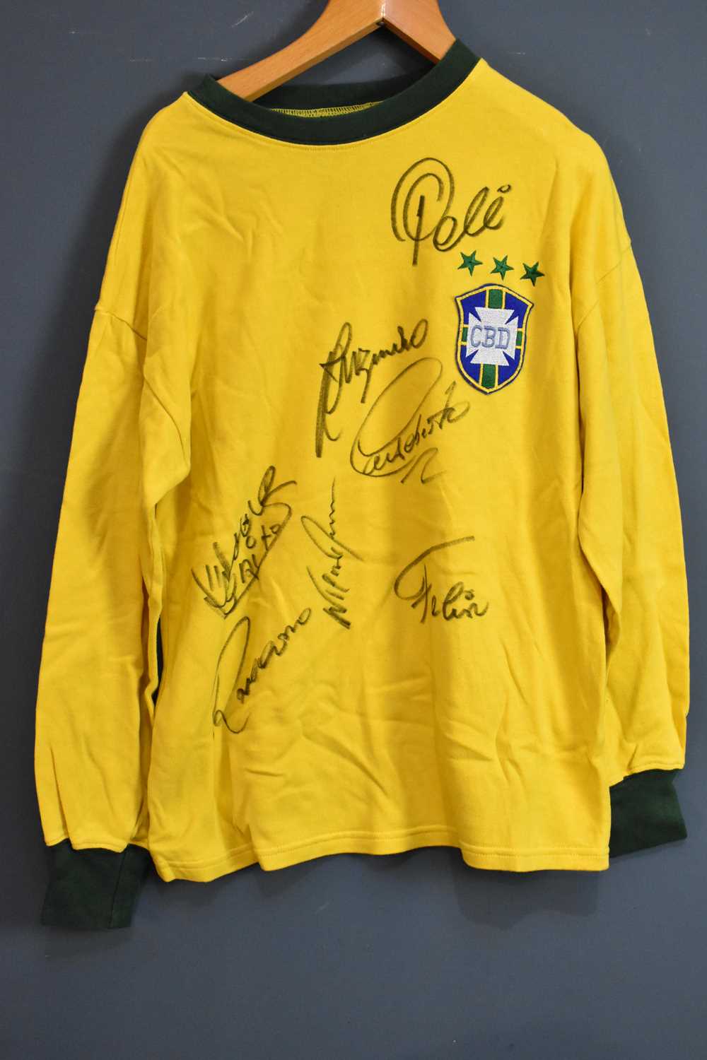 Lot 5244 - BRAZIL; a 1970s retro-style football shirt,...