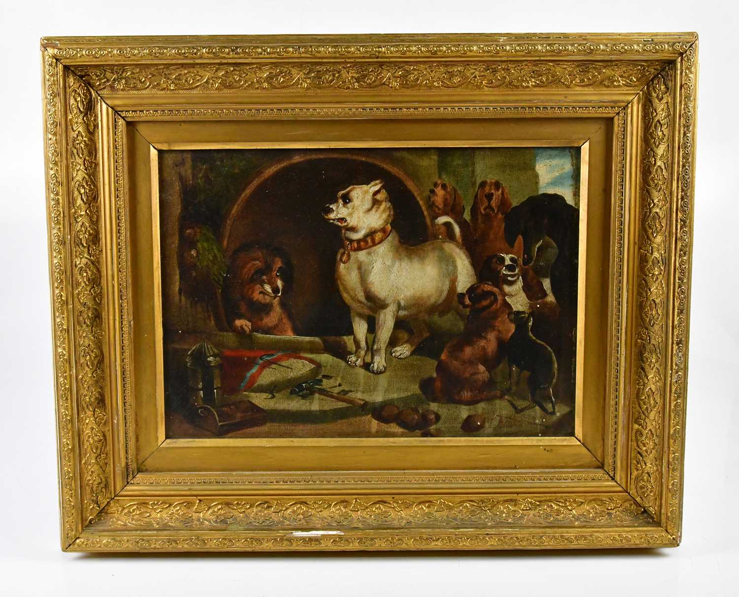 Lot 6165 - J HANKS; oil on board, dogs, signed lower...