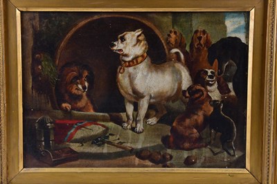 Lot 6165 - J HANKS; oil on board, dogs, signed lower...