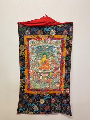 Lot 103 - Two Thangkas, Tibetan silk brocade with...