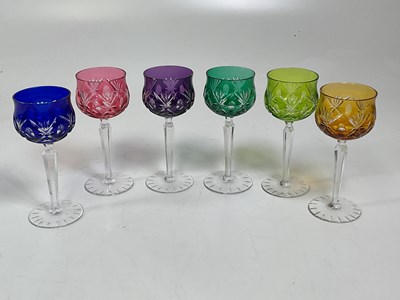 Lot 237 - Six Bohemian harlequin hock wine glasses,...