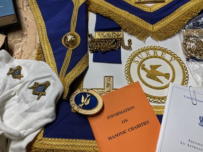 Lot 50 - A quantity of Masonic items to include aprons,...