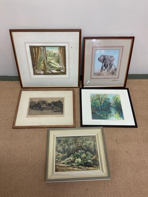 Lot 335 - Five pictures, oils and prints, framed.