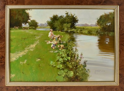 Lot 220 - JOHN HASKINS (born 1938); oil on board, river...