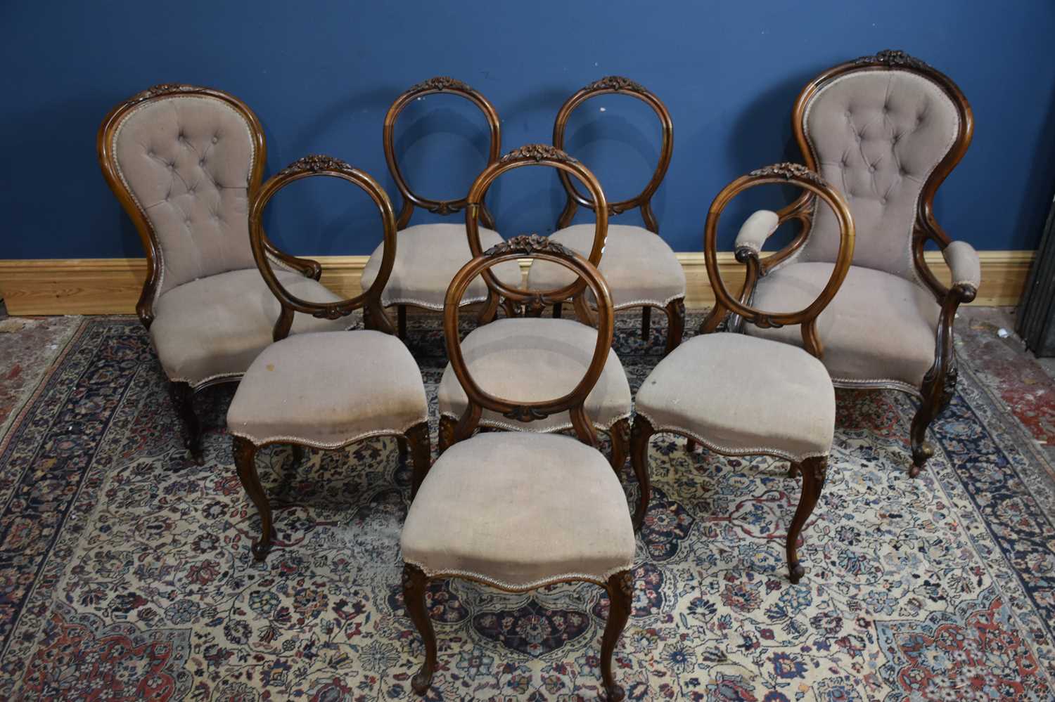 Lot 29 - A set of six Victorian balloon back chairs,...