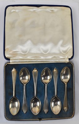 Lot 798 - A cased set of six white metal teaspoons,...