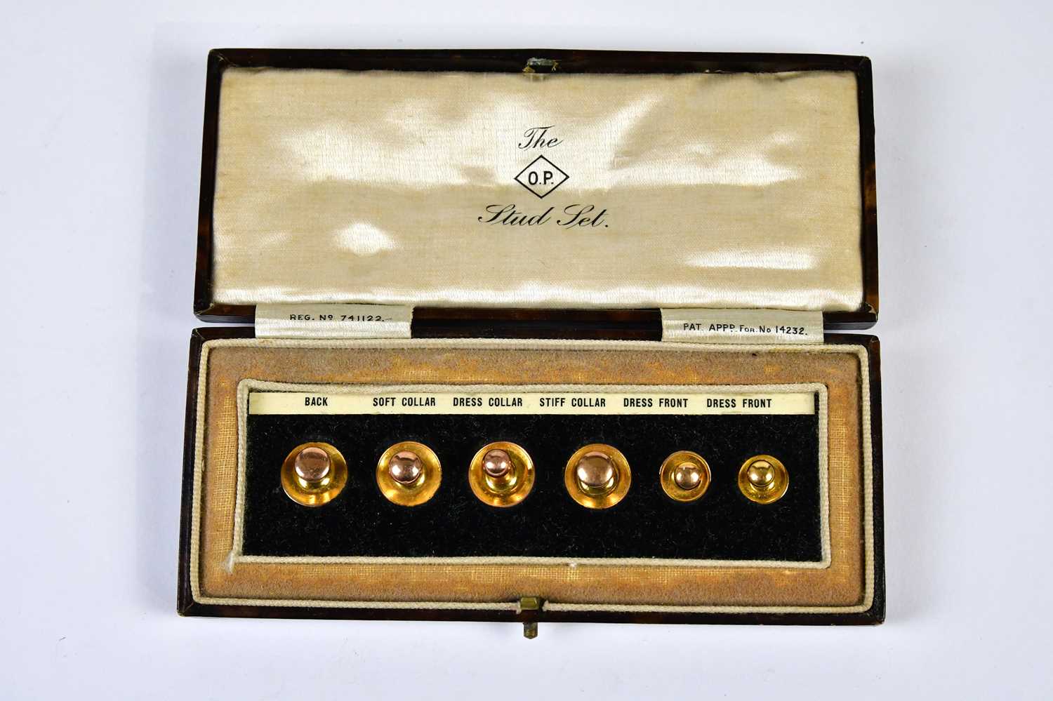 Lot 1144 - A cased set of six 9ct gold shirt studs,...