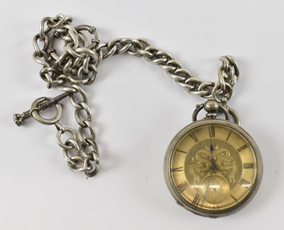 Lot 1026 - A white metal pocket watch and chain, the dial...