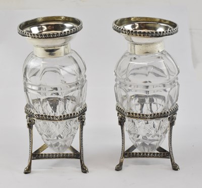 Lot 781 - A pair of white metal mounted cut glass scent...