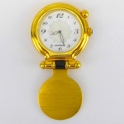 Lot 1021 - MONTBLANC; a gold plated travel alarm clock...