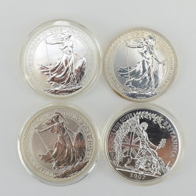 Lot 997 - Four Britannia 1oz fine silver coins, three...