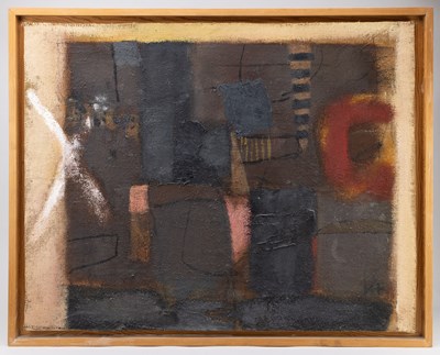 Lot 510 - KEN TOWNSEND; large oil on hessian, 'Village',...