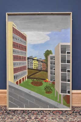 Lot 259 - JAKE NICHOLSON; oil on board, cityscape,...