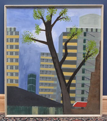 Lot 260 - JAKE NICHOLSON; oil on board, cityscape,...