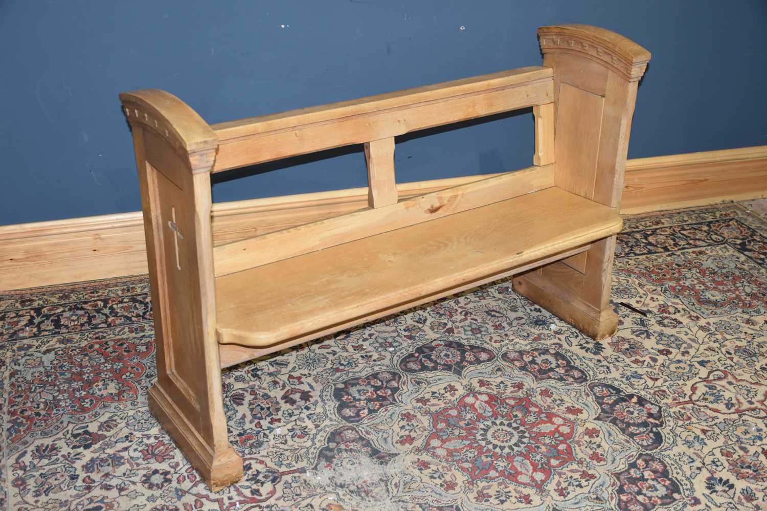 Lot 44 - A light oak pew with open back, length 131cm,...