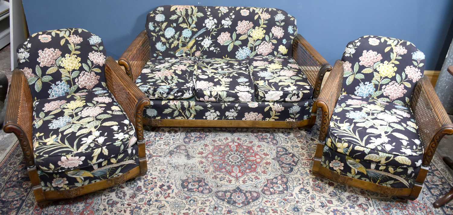 Lot 22 - A three piece Edwardian Bergere suite, raised...