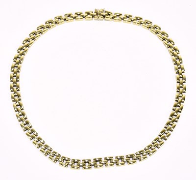 Lot 1312 - A yellow metal brick link necklace, stamped...