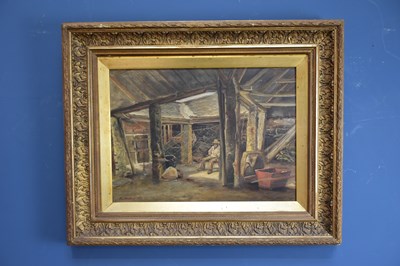 Lot 2554 - R HOSKIN; 19th century oil on canvas, barn...